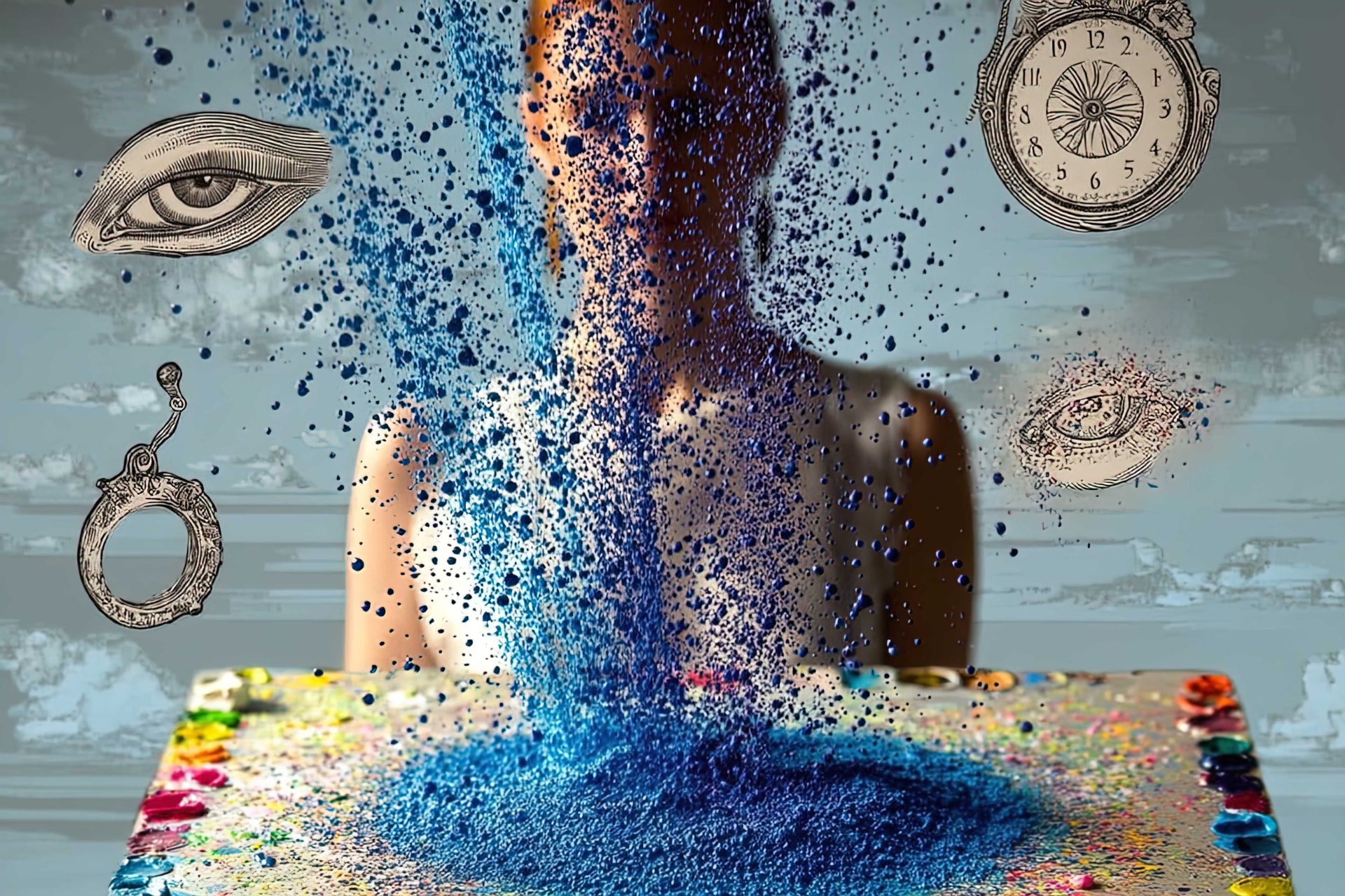 Collage: blue pigment falling around a figure