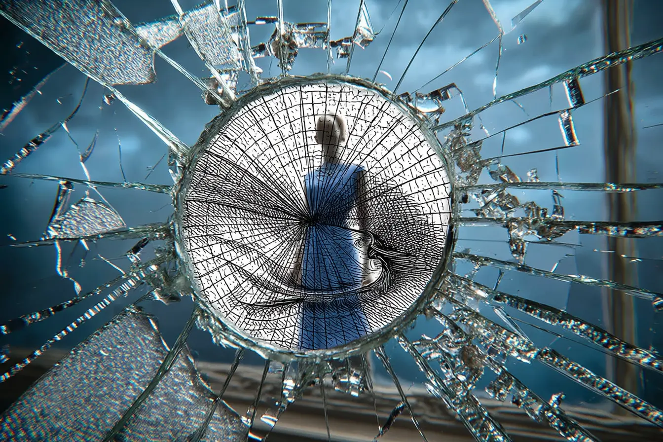 A view of a woman through shattered glass with a central radial pattern