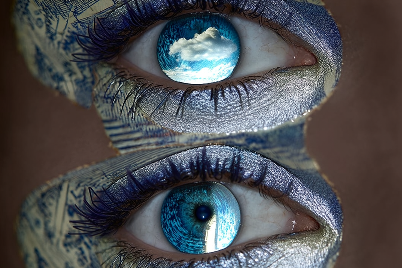 Collage: two eyes reflecting clouds on engraved paper