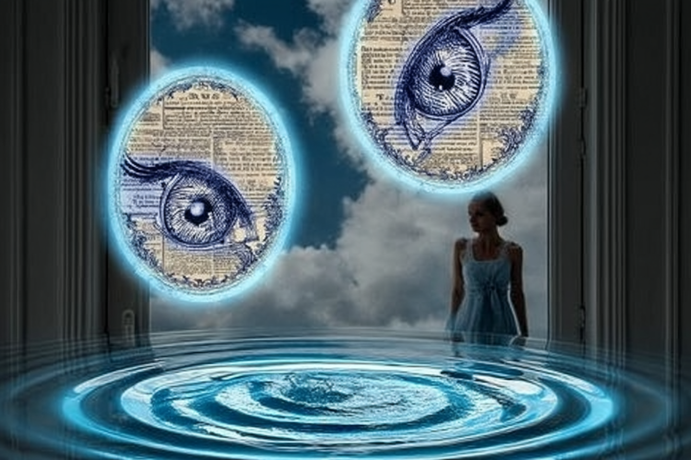Collage: two glowing eyes above rippling water