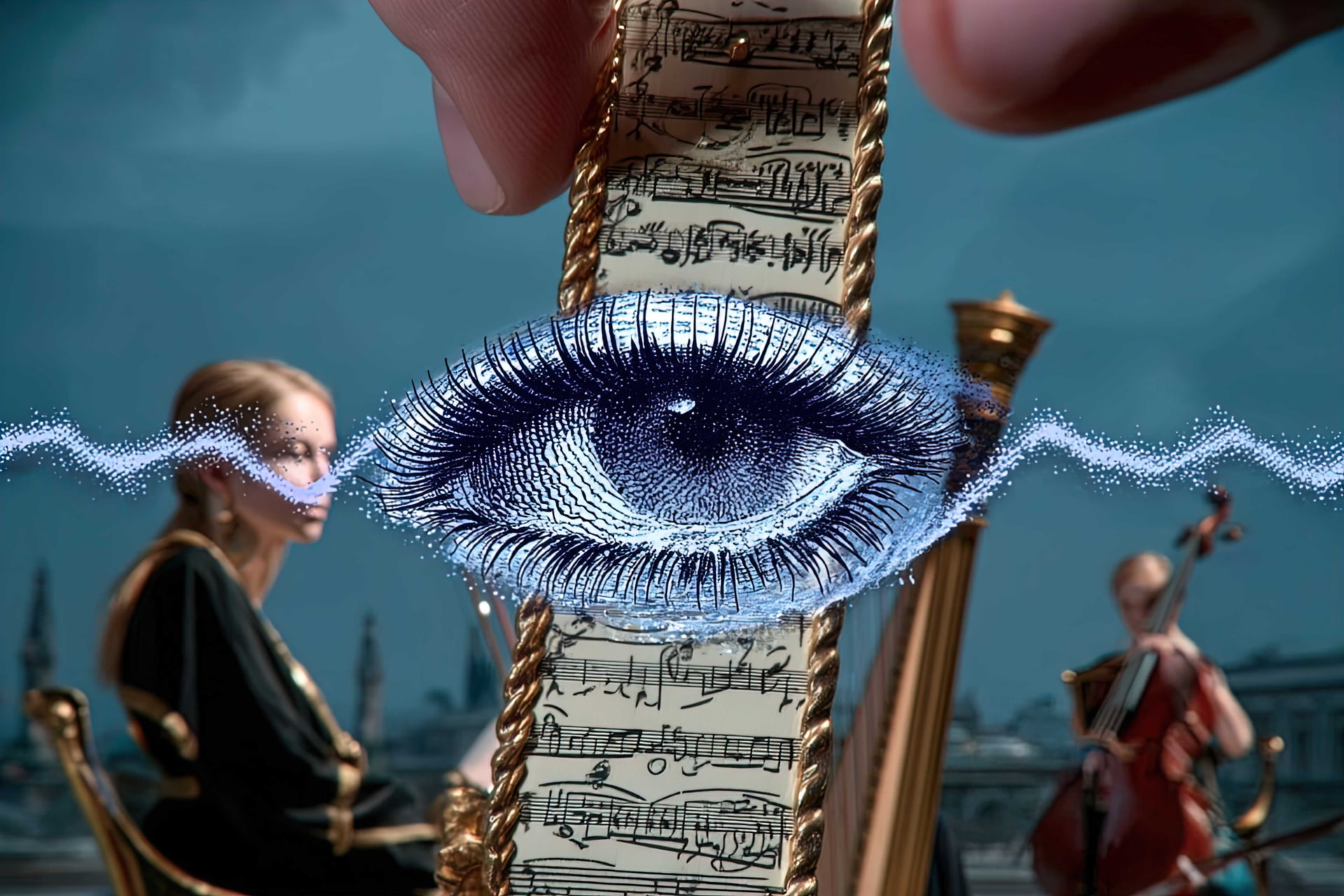 Collage: an engraved eye on a ribbon of sheet music