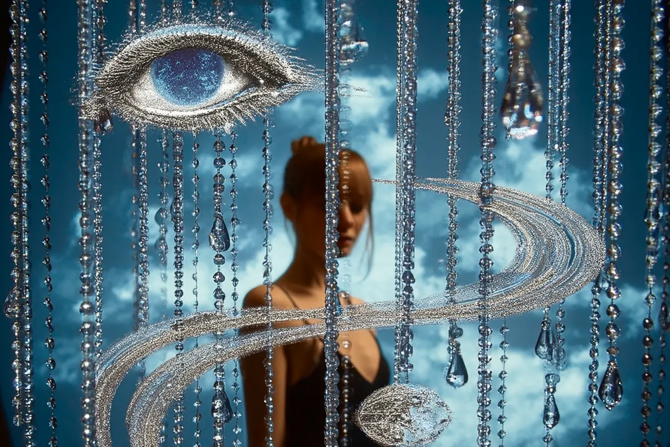 Collage: a woman behind crystal strands under a beaded eye