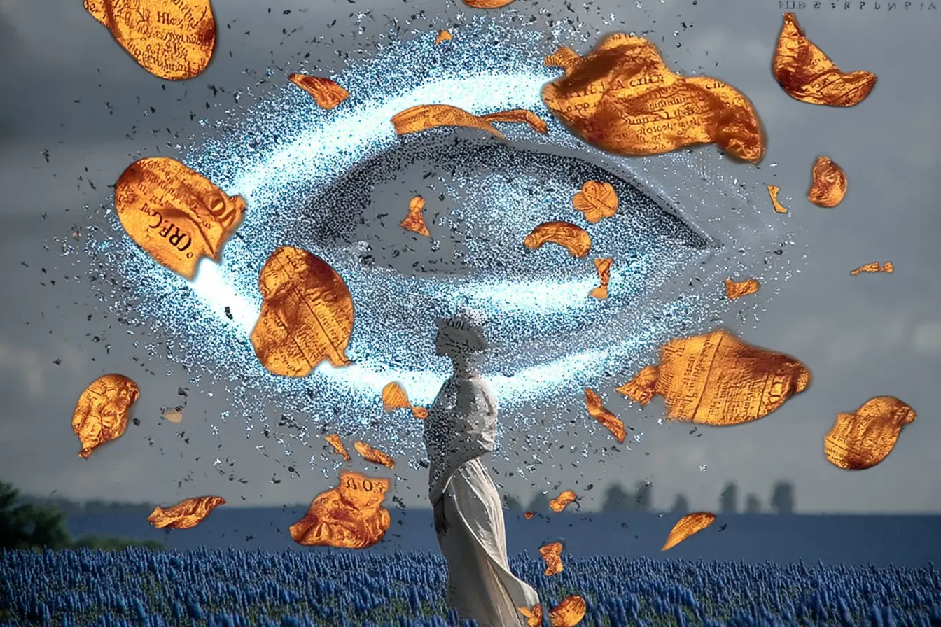 Collage: golden manuscript leaves circling a luminous eye