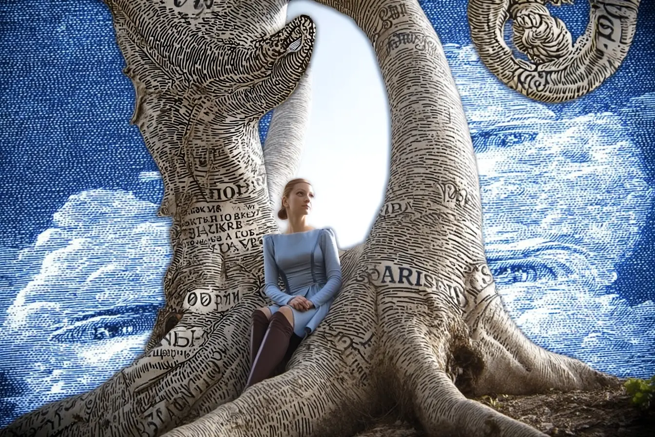 Collage: a woman resting in the roots of an engraved tree