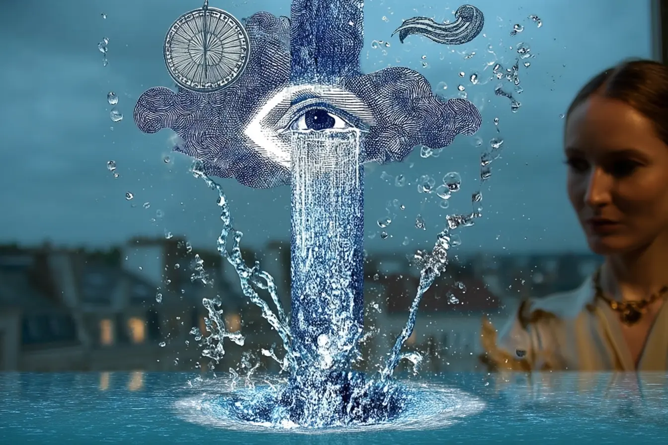Collage: an engraved eye pouring a fountain of water