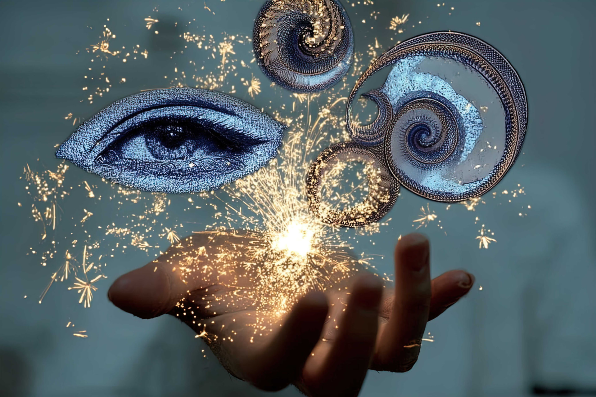 Collage: a hand holding a sparkler beneath an engraved eye