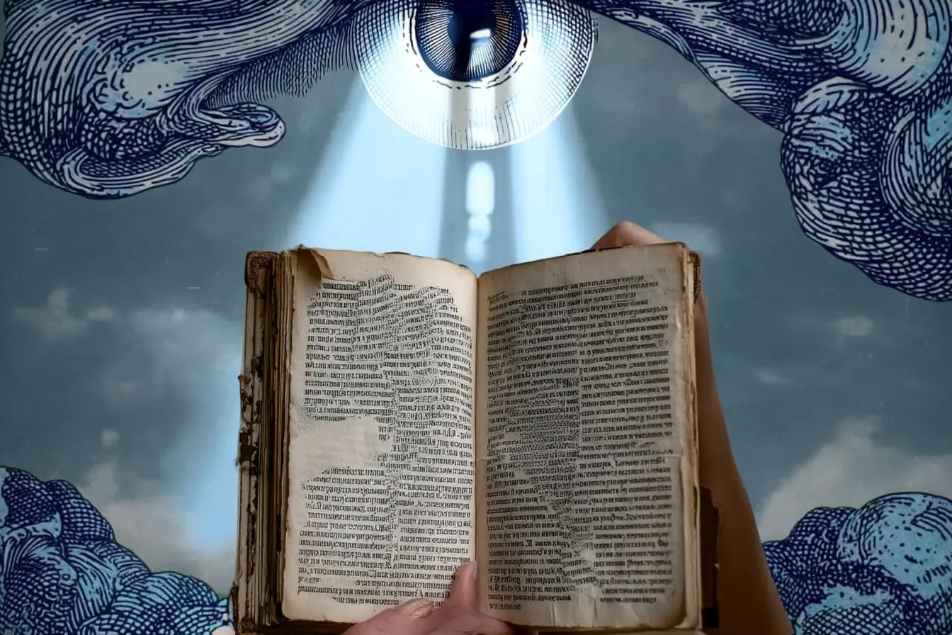 Hands holding an open book under a beam of light