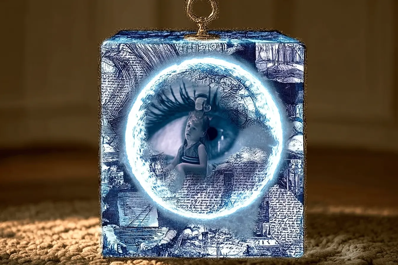 Collage: a portal box with a child inside
