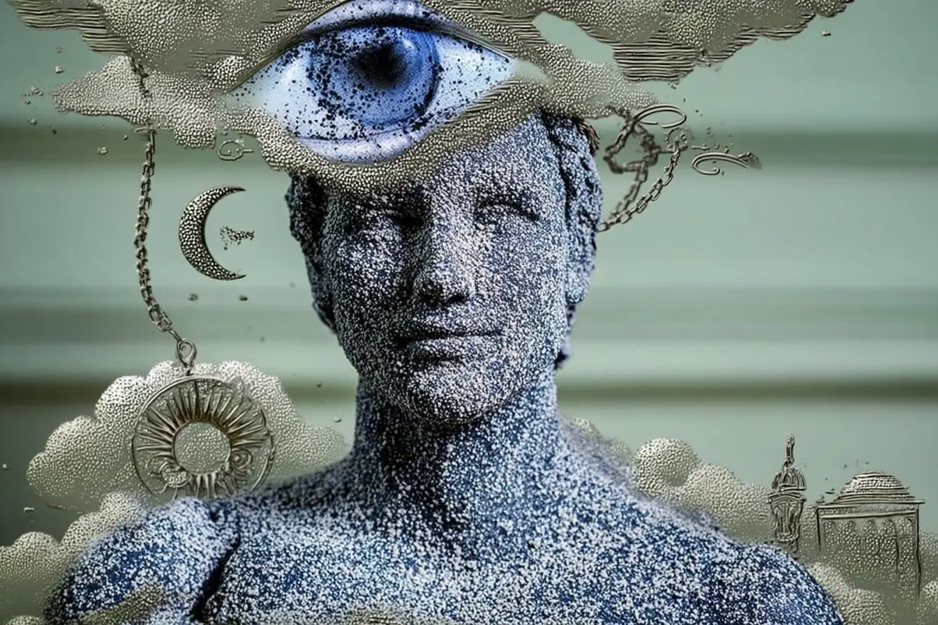Collage: a classical bust with an eye in the clouds