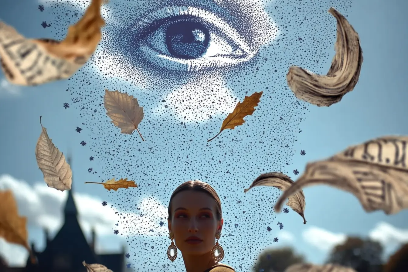 Collage: a woman beneath a giant eye among leaves