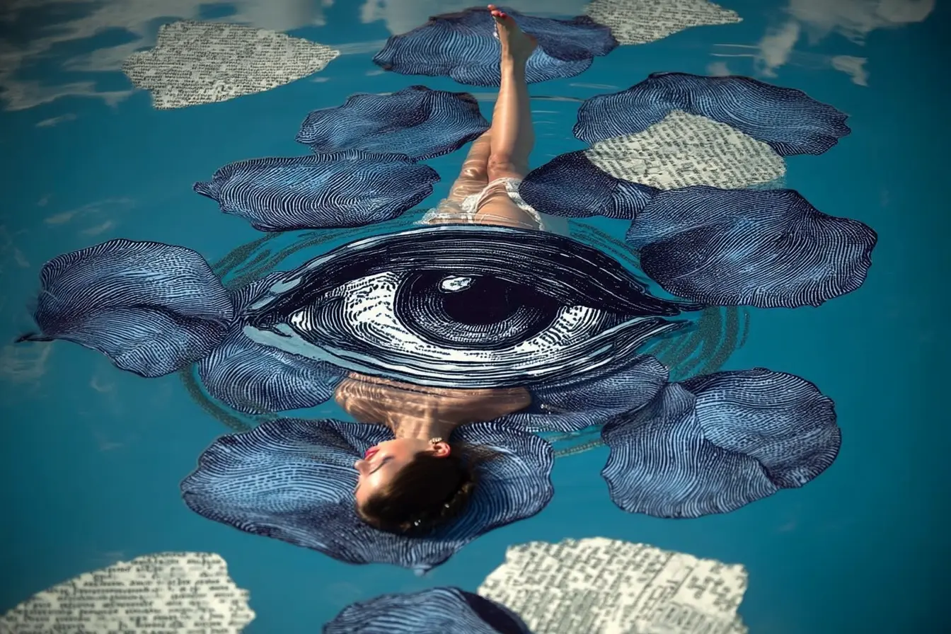 Collage: a woman floating among engraved petals